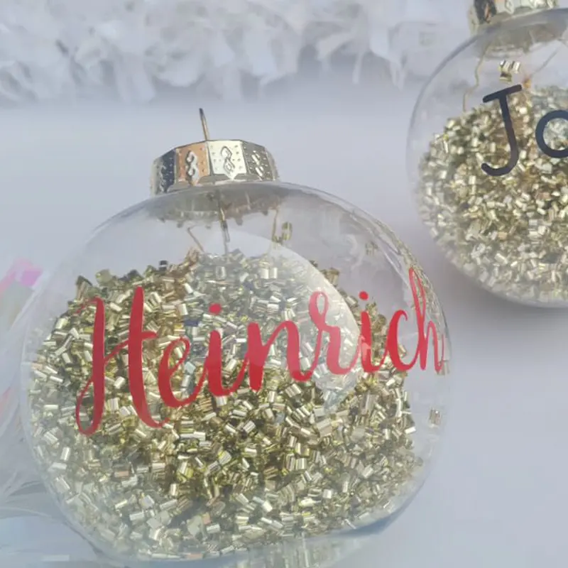 clearGoldGlitterChristmasBaubles Image of personalised clear Christmas bauble with gold glitter