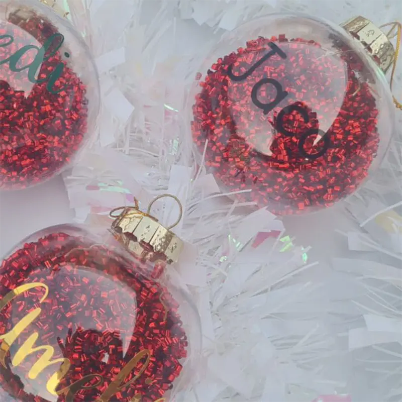 clearRedGlitterChristmasBaubles Image of personalised clear Christmas bauble with red glitter