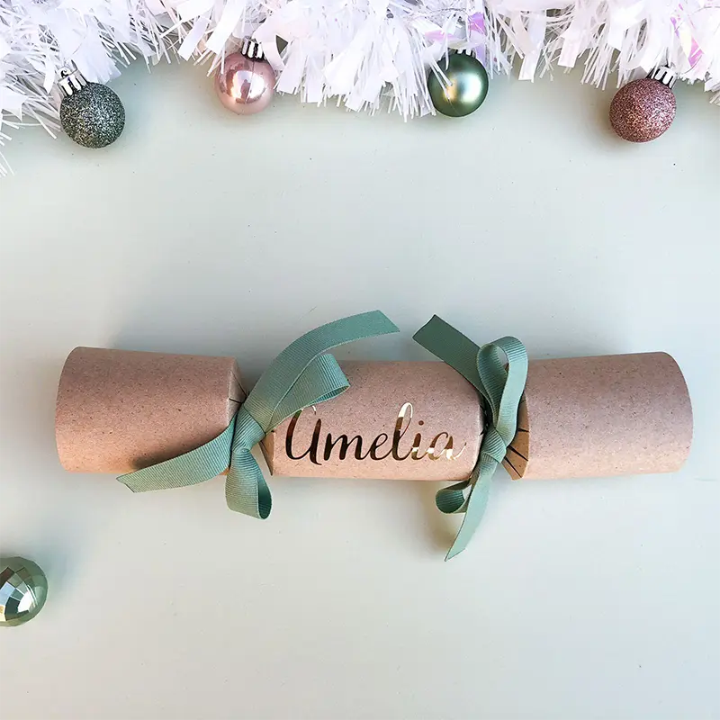 cursiveGoldSageCracker Sample of DIY Personalised Christmas Cracker in sage with name in gold cursive font