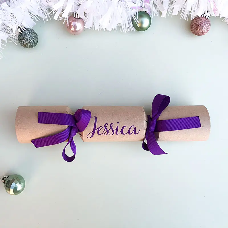 cursivePurpleCracker Sample of DIY Personalised Christmas Cracker in purple with name in cursive font