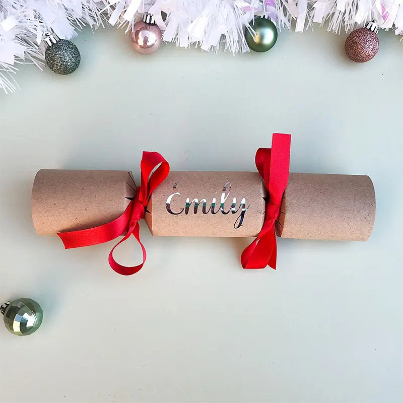 cursiveSilverRedCracker Sample of DIY Personalised Christmas Cracker in red with name in silver cursive font