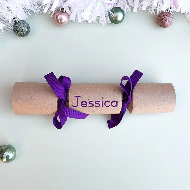 easyReadingPurpleCracker Sample of DIY Personalised Christmas Cracker in purple with name in easy-reading font